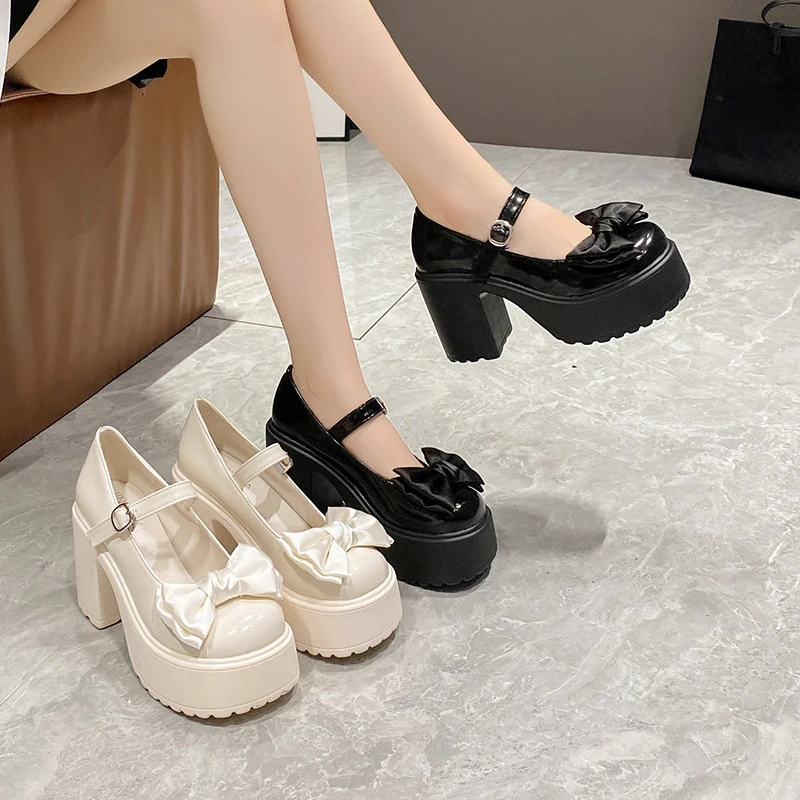 White Platform High Heels Women Mary Jane Chunky Heel Shoes Bows Elegant Woman Heeled Pumps Round Toe Shoes Women\'s Wedding Shoe