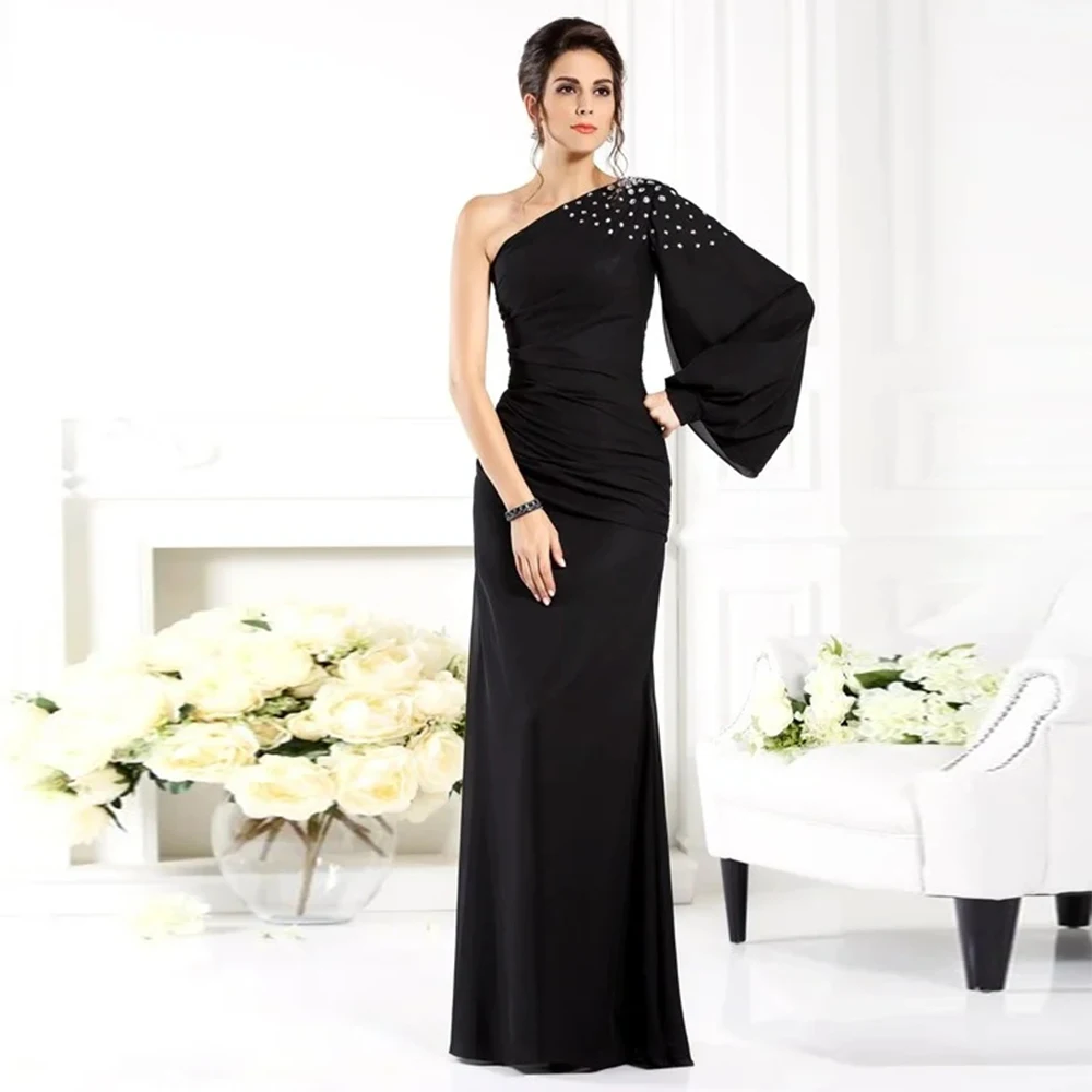 

Chiffon Black Evening Dresses Mermaid Women's Elegant One Shoulder Sleeve Long Prom Gowns Formal Wedding Party Fashion Celebrity