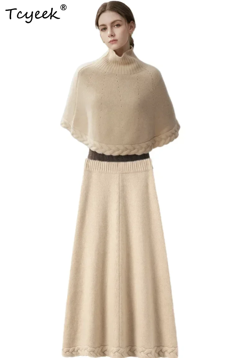 Autumn Winter Knit Clothes Cloud Shoulder Skirt Set Women Sweater Suite 100% Cashmere Set Warm Protect Shoulders Mixed-use Shawl