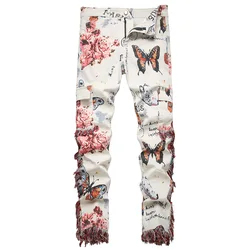 Men Butterfly Flower Print Jeans Tassels Fringe Rose Slim Straight Pants Beige White Muliti Pockets Cargo Trousers