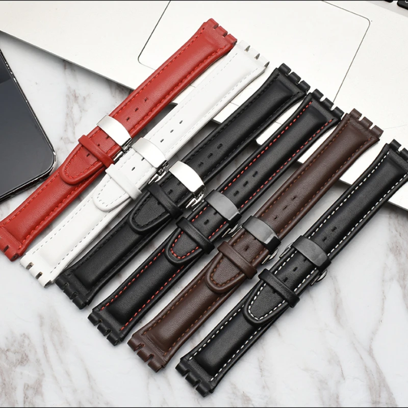 For Swatch Genuine leather Watch strap 17mm19mm Watch band men\'s women\'s watchband Red white pink blue steel buckle accessories