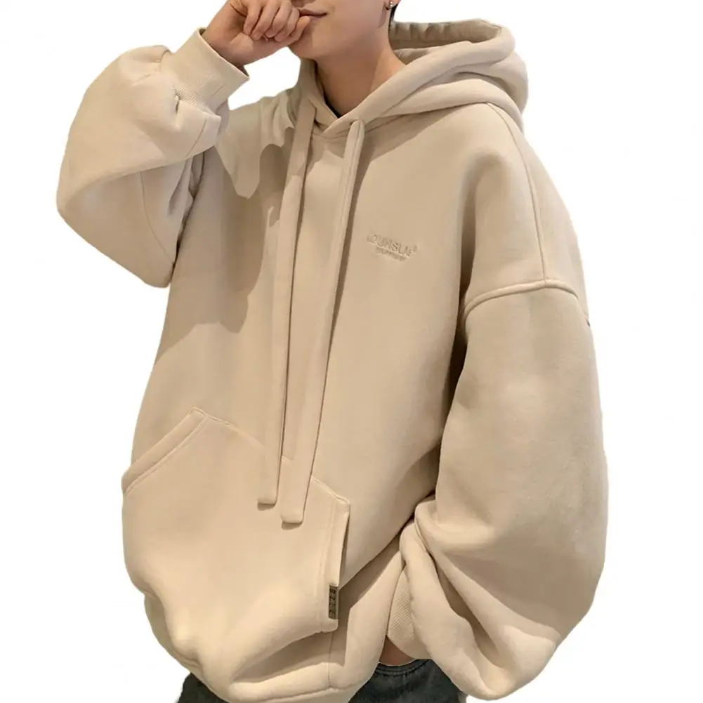 Men Winter Autumn Hoodie Thickened Loose Drawstring Pullover Solid Color Pullover Soft Big Patch Pocket Mid Length Men Hoodie