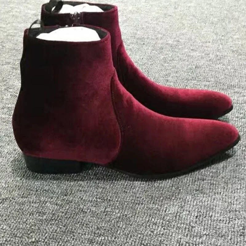 Noble Blue Burgundy Velvet Square Heel Men Ankle Boots Pointed Toe Zipper Back Wine Red Solid Man Chelsea Boots Zapatos Hombres