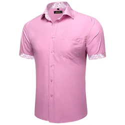 Camisas de manga corta de verano para hombres, ropa informal de diseñador de empalme y contraste rosa, Social