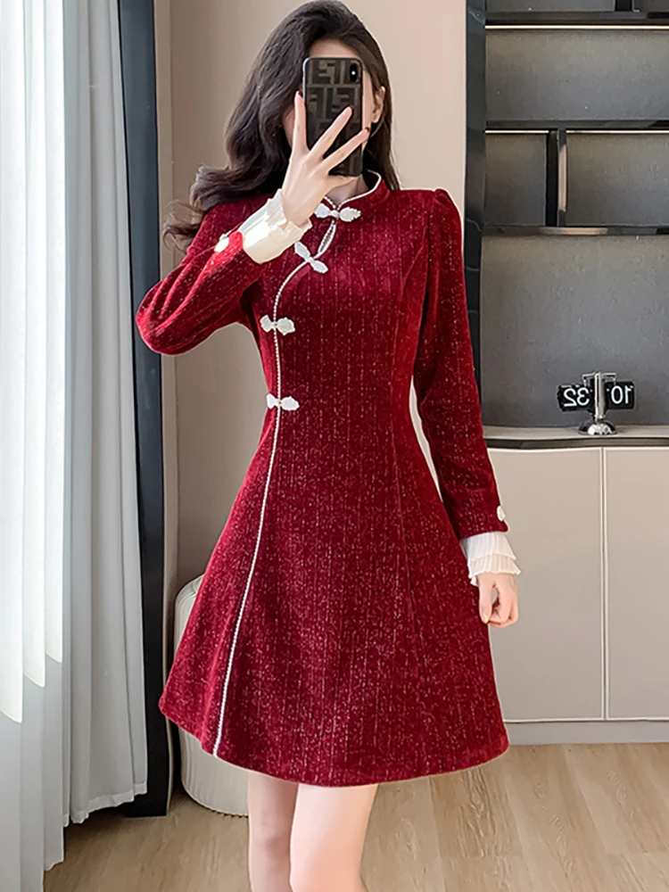 2025 Red Long Sleeve Stand Collar Bodycon Mini Dress Women Elegant Luxury Party Vestidos Autumn Winter Korean Chic Prom Dresses
