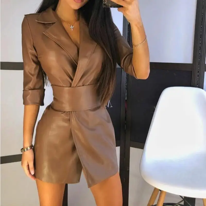 

Spring PU Leather Irregular Women Mini Dress Three-thirds Notch Belt Women Dress Solid Color Street Casual Ladies Clothing 2023