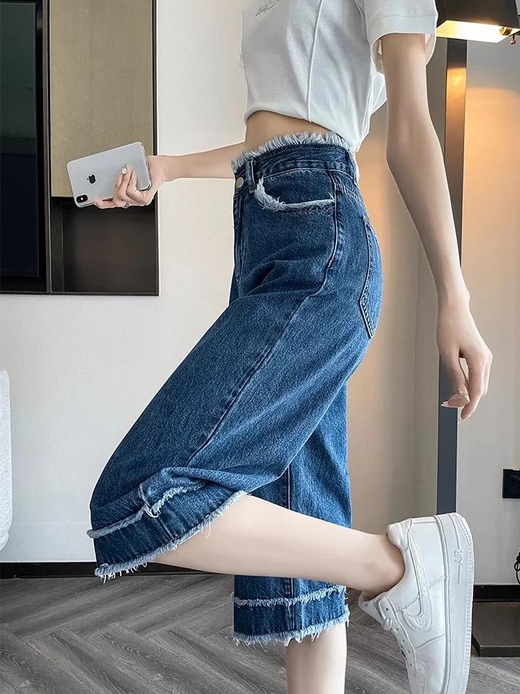 

Широкие джинсы с высокой талией, женские летние новые джинсовые брюки в стиле ретро с прямым вырезом и потертым подолом длиной 7/8, свободный крой