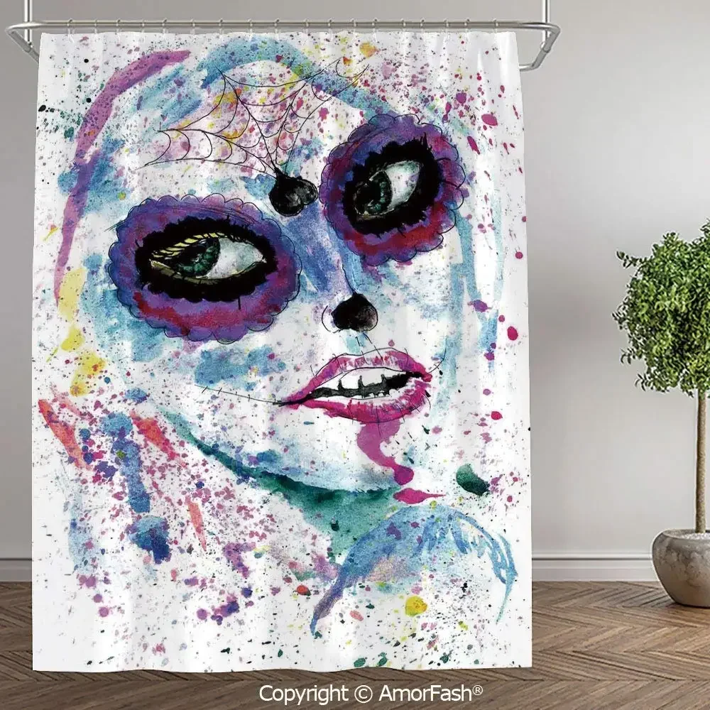 Cute Girls Decorative Bathroom Curtains Grunge Halloween Lady with Sugar Skull Make Up Creepy Dead Face