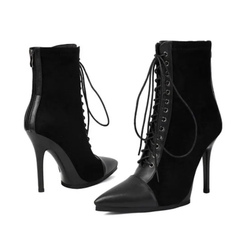 

2025 Ladies Low cut Footwear Pointed Toe High heeled 11cm Lace Up Flock Suede Dating Celebration Bota Big Size 40 41