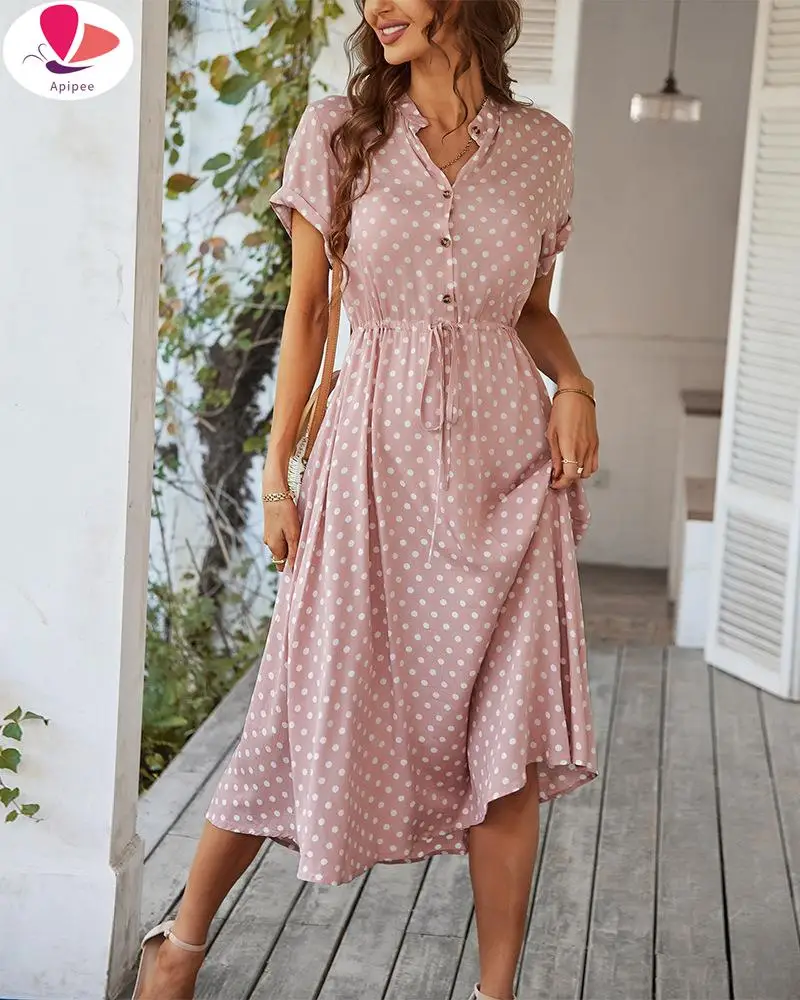 

APIPEE Ladies Polka Dot Print Shirt Dress Women Casual Midi Holiday Summer Dress Female Loose Beach Dress Sundress Robe Vestidos