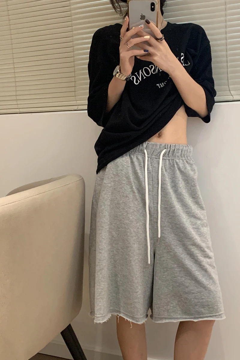 

Bling Bubble Home Casual Pants High Waist Street Sle Asymmetric ket Wide Leg Cotton orts Elastic Waist Frayed Hem