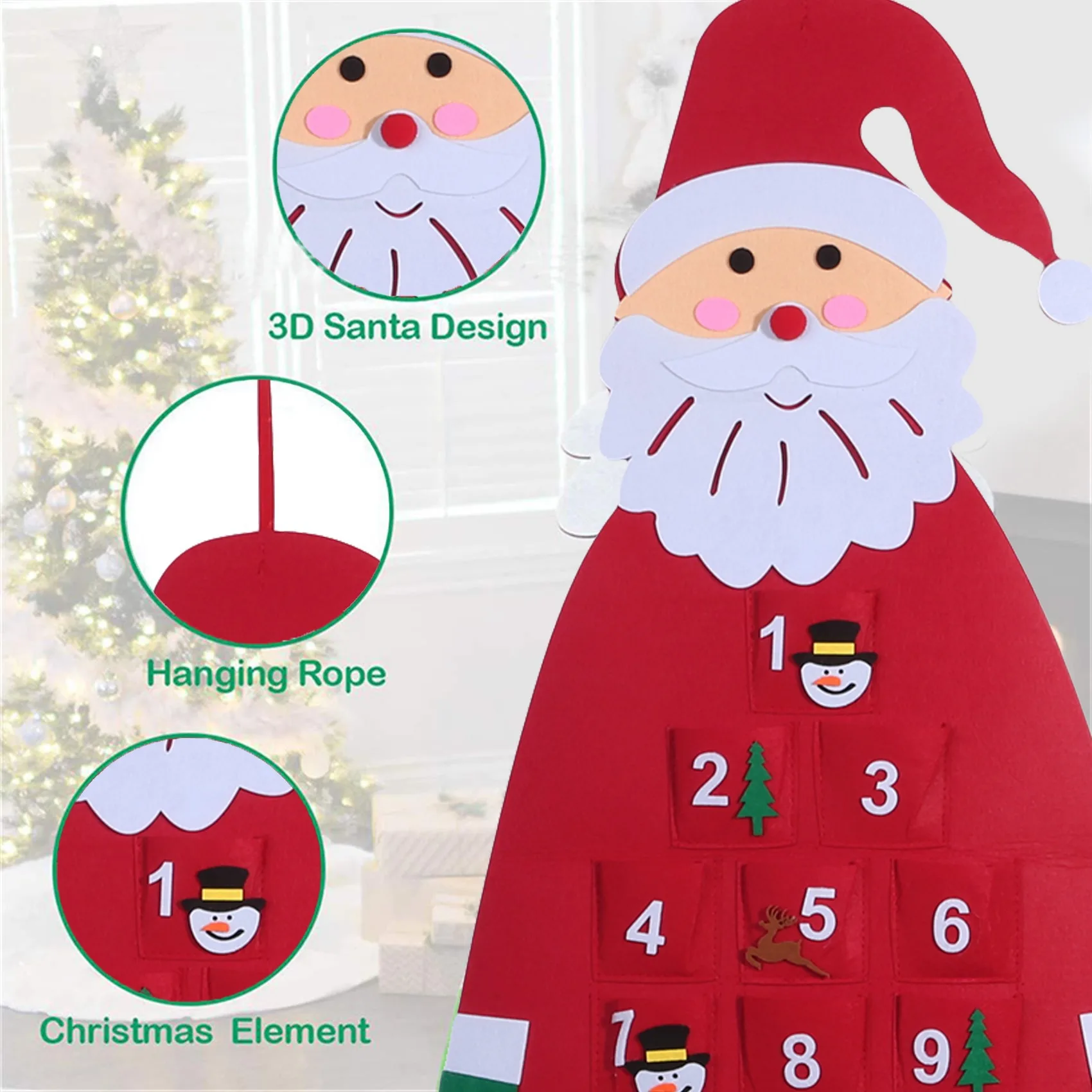 Calendario dell\'avvento in feltro natalizio appeso a parete calendario dell\'avvento di babbo natale con tasche 24 Da