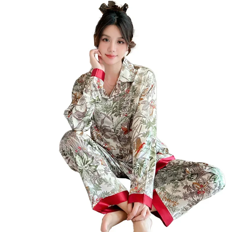 Women's Pajamas Sets Spring Autumn 2 Piece Forest Print Pyjama Faux Silk Satin Sleepwear Long Sleeve Pijama Mujer Pjs Homewear