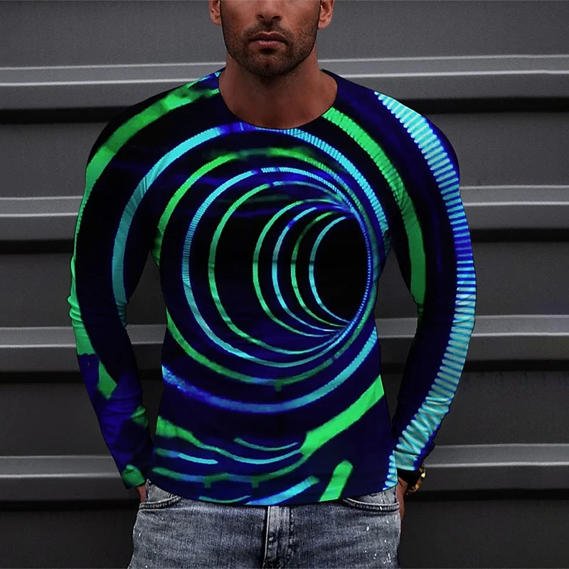 Men's Funny Geometric Optical 3D T shirt Vortex Graphic Pullover Tops Outdoor Men Women Casual Daily Long Sleeve Sports T-shirts