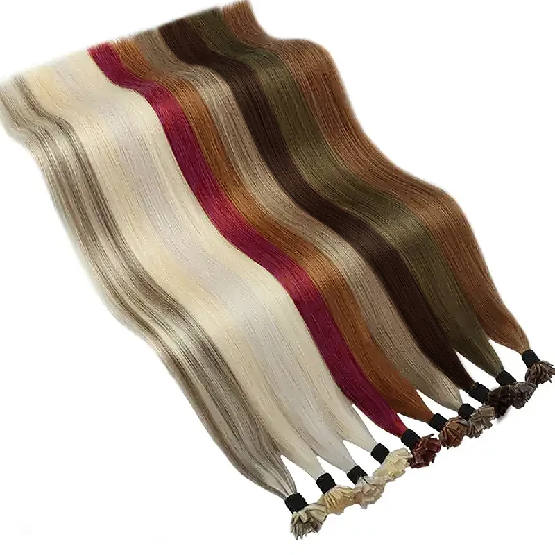 طرف مسطح وصلات شعر شعر الإنسان الكيراتين طرف مسطح وصلات شعر شعر بشري حقيقي الانصهار الساخن طرف مسطح وصلات شعر 18 بوصة