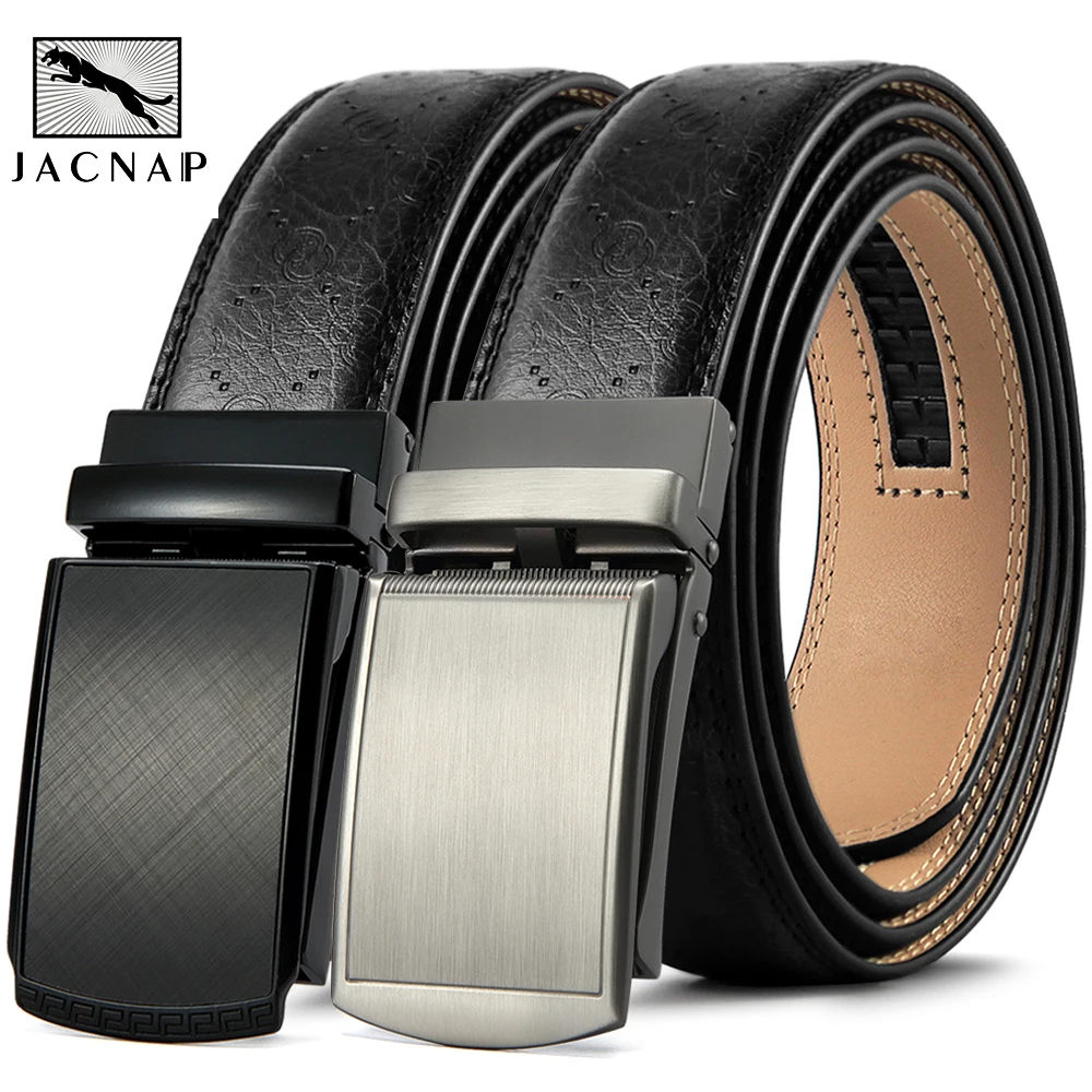 

JACNAIP Men Belt Metal Automatic Buckle Ratchet Cowskin Belts for Jeans High Quality Men Leather Belt Business Work Belt