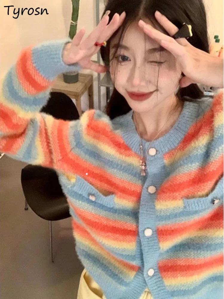 

Rainbow Striped Cardigan Women Spring Autumn New All-match Loose Girls Long Sleeve Knitted Sweaters Elegant Patchwork O-neck
