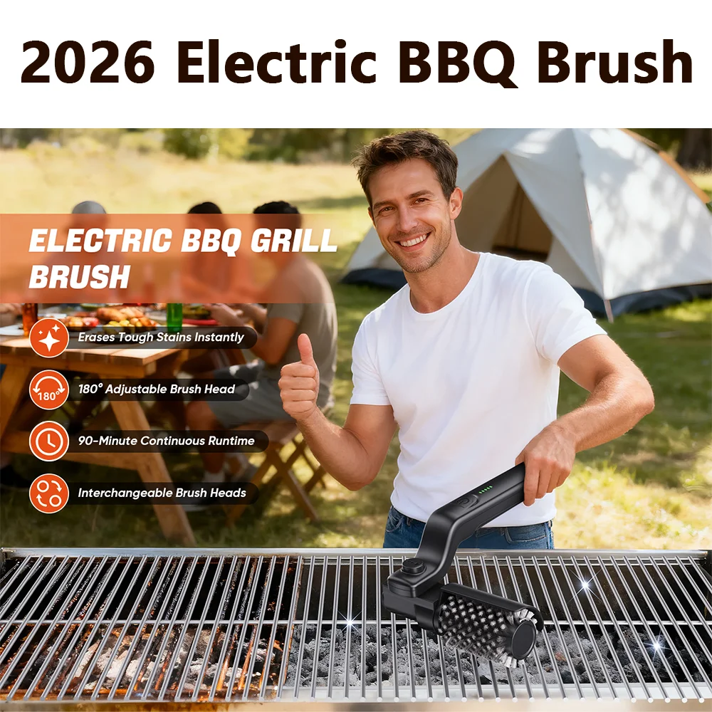 

2026 New Electric BBQ Brush 304 Stainless Steel Rotating Brush Head Non-Shedding Bristles Rechargeable 3-Speed Power Control
