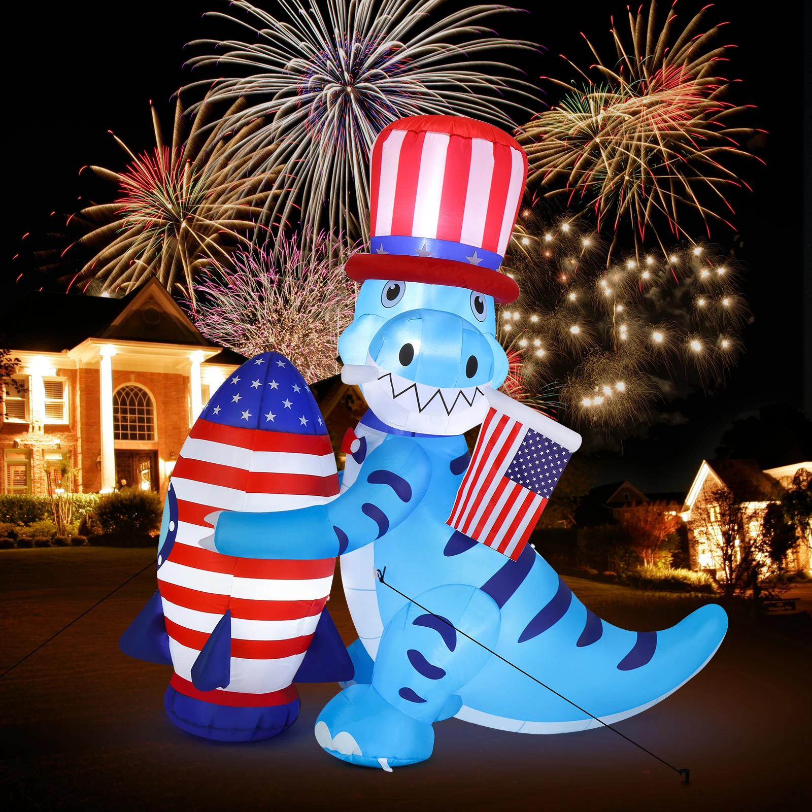 

5ft Dinosaur Holding Rocket Independence Day Blow Up Lighted Decoration With 4Led Light