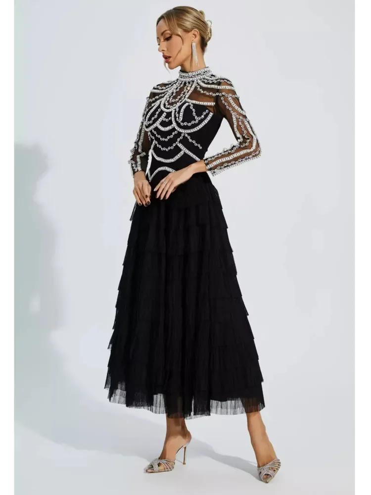 DFDG eleganza femminile Heavy Craft manica lunga abito Patchwork con perline abito da festa di lusso leggero abito lungo da damigella d'onore 2024