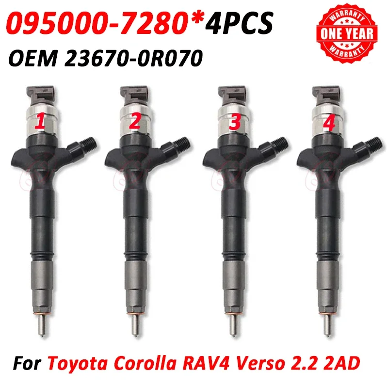 

095000-7280 0950007280 Форсунка Common Rail 23670-0R070, дизельная топливная форсунка 236700R070 для Toyota Corolla RAV4 2AD, 4 шт.