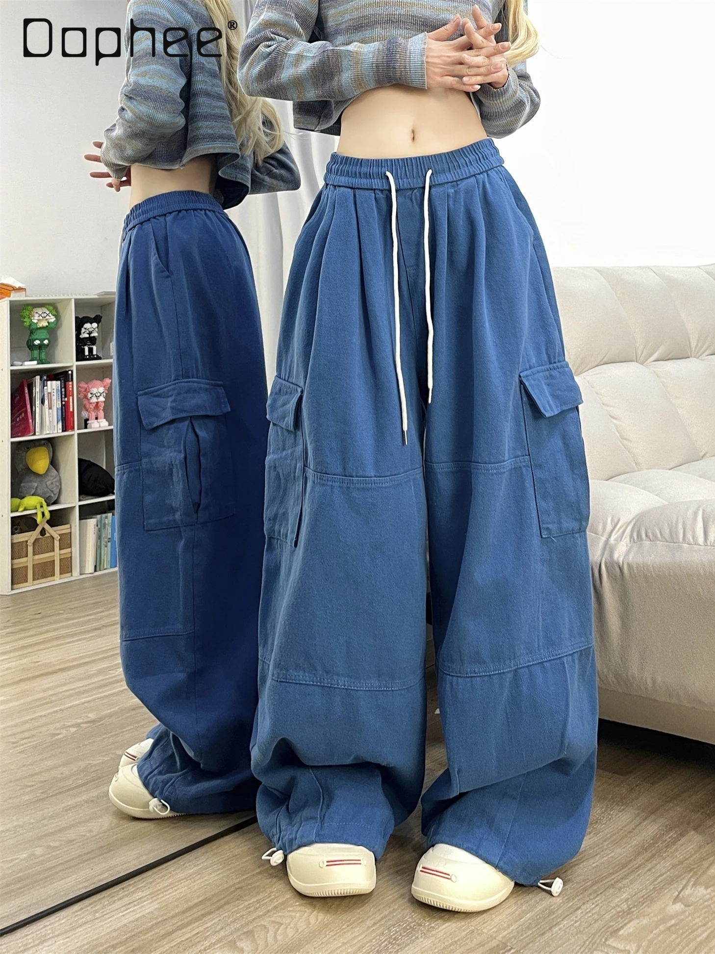 

Sweet Cool Girl Dopamine Dark Blue Cargo Pants Thick Loose Wide-Leg Pants Fashion Casual Long Pants Trendy Sweatpants Women