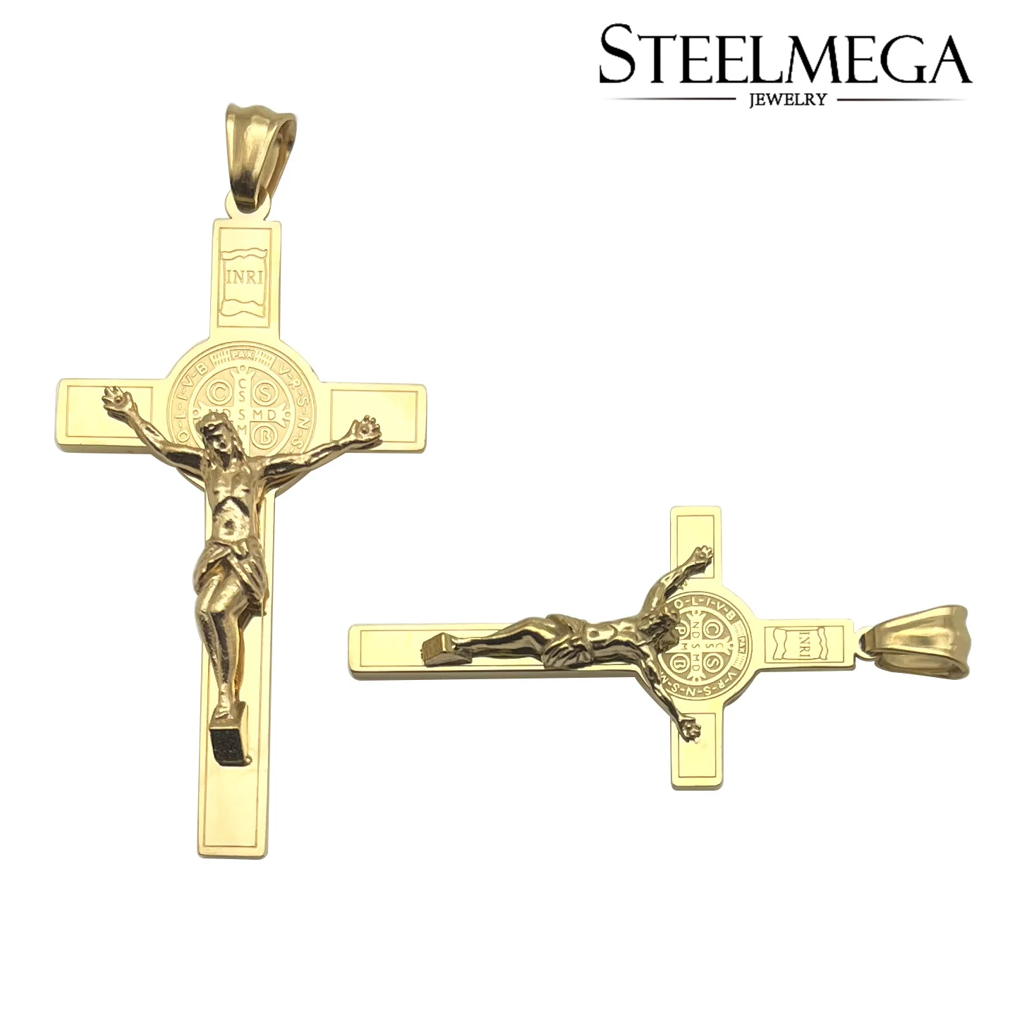 STEELMEGA Stainless Steel Catholic Pendant of Crucifix with Saint Benedict Medal