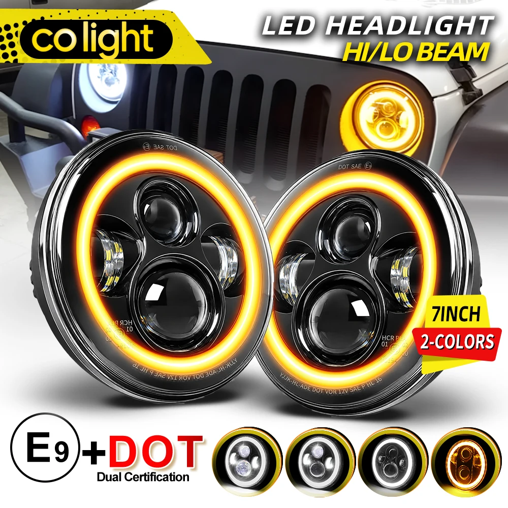 Colight Offroad 7-Zoll Runde LED-Scheinwerfer E9 Zweifarbiges Tagfahrlicht 24V Weiß-Amber Halo Angel Eye Fern- und Abblendlicht 12V für Jeep Wrangler Motorrad-Scheinwerfer