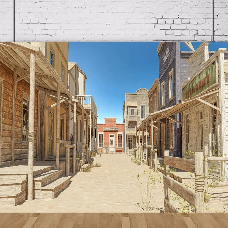 Toile de fond photographique sur le thème du Far West, scène de ville de colons westerns, avec banque en bois et chariot couvert
