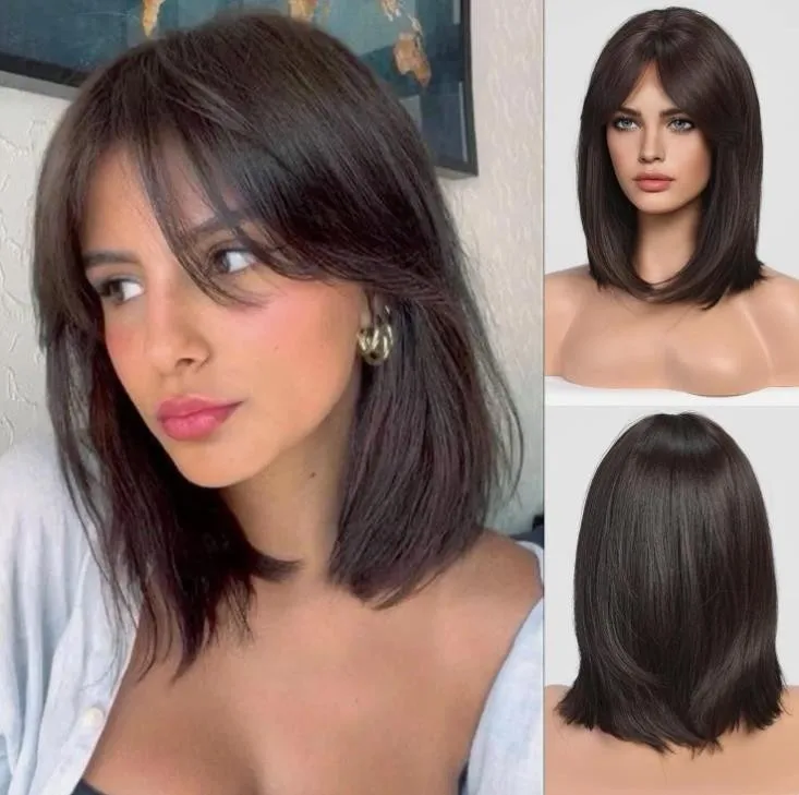 

Dark Brown Wigs for Women Straight Wig with Bangs Shoulder Length Natural Brown