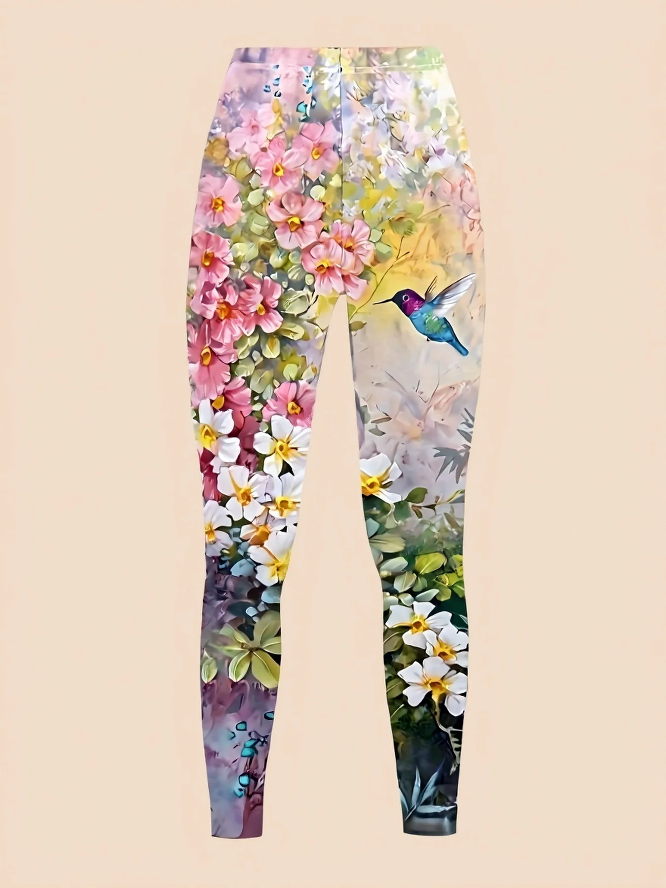 Women Fleece Lined Leggings Watercolor Hummingbird Floral Print Stretch Warm Casual Long Pants