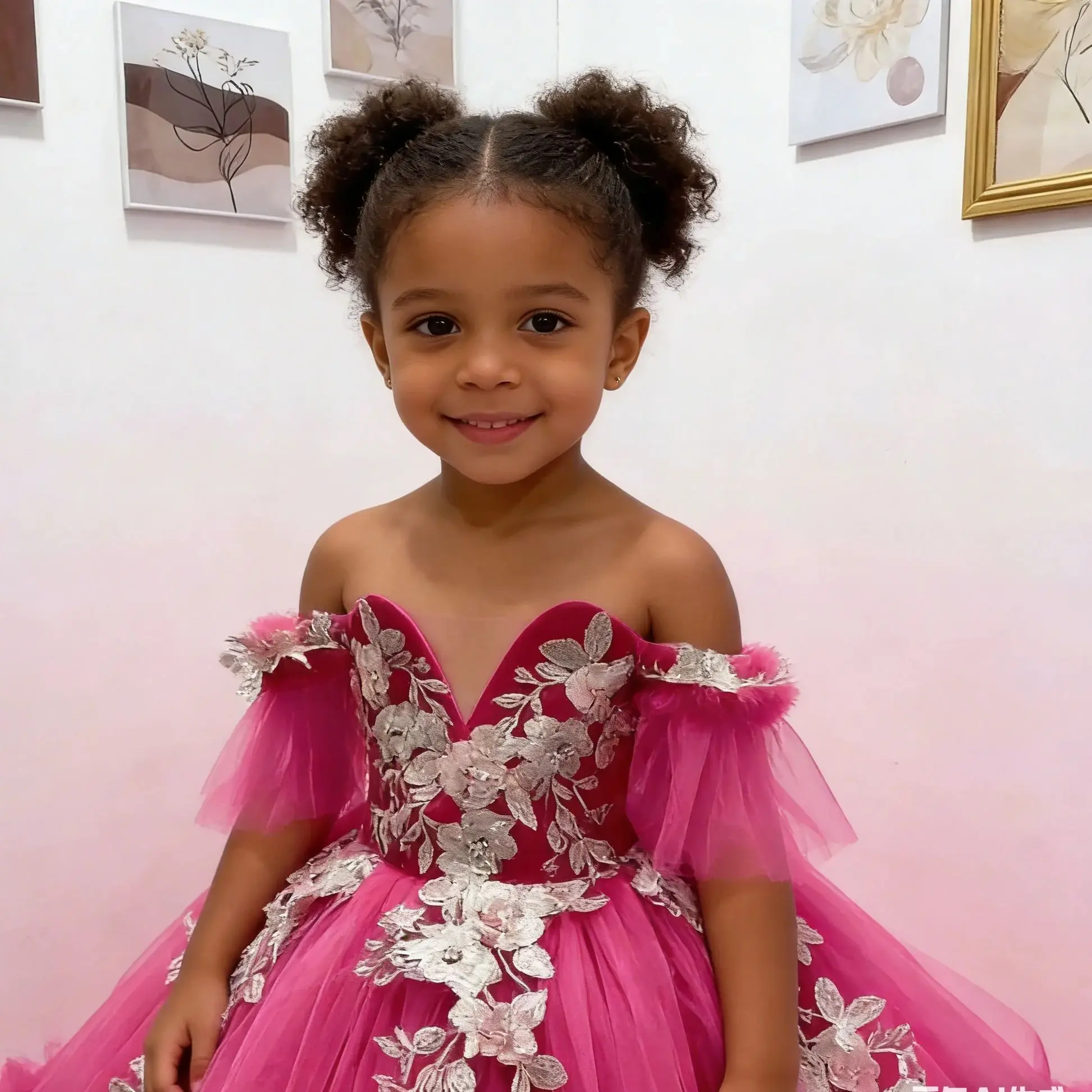 

Luxury Customized Hot Pink Ruffles Flowers Girl Dresses For Wedding Off Shoulder Tulle Kids Birthday Party First Communion Gown