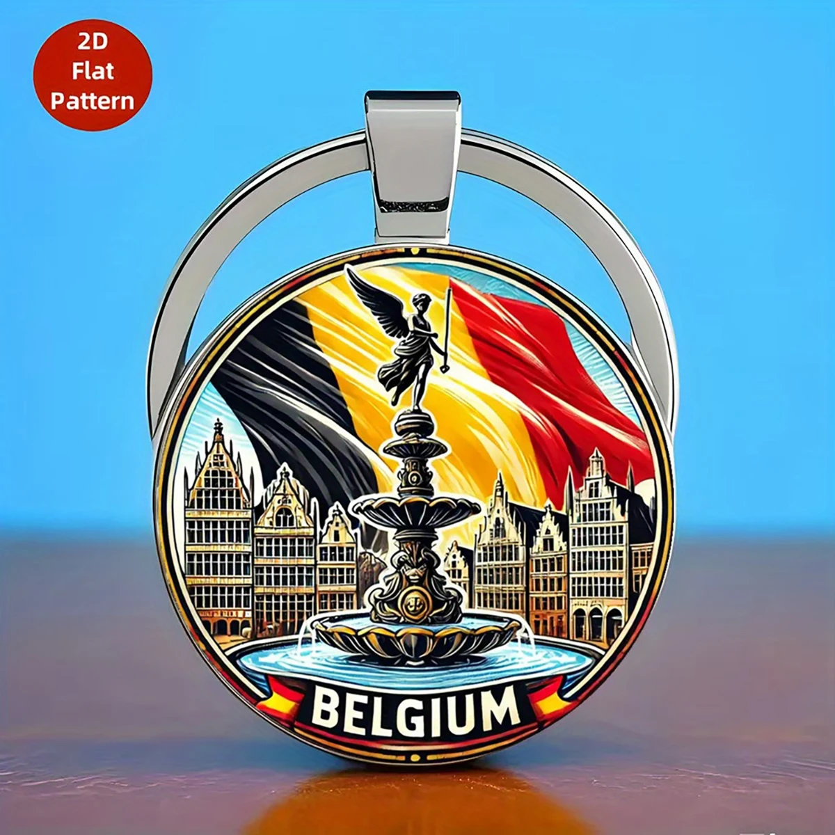 1pc 2D Rotondo Anversa Paesaggio urbano belga con portachiavi iconico con design a fontana e bandiera - Elegante portachiavi in lega di zinco