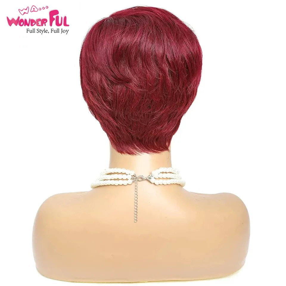 Red Burgundy 99J Color Short Bob Pixie Cut Wig With Bangs Straight 100% Remy Human Hair Wigs For Women Full Machine Made Wig