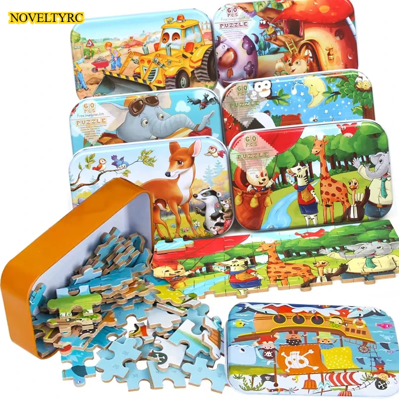 

Cartoon Girl Boy Children Toddler Wooden Game Puzzle Paper Puzzle Iron Box 60 Metal Tin Box Children's Puzzle Toy Holiday Gift