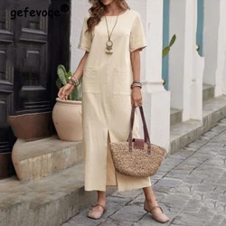 Women's Clothing 2023 Summer Vintage Slit Pocket Cotton Linen Long Dresses Solid Loose Short Sleeve Casual Beach Maxi Dress Robe