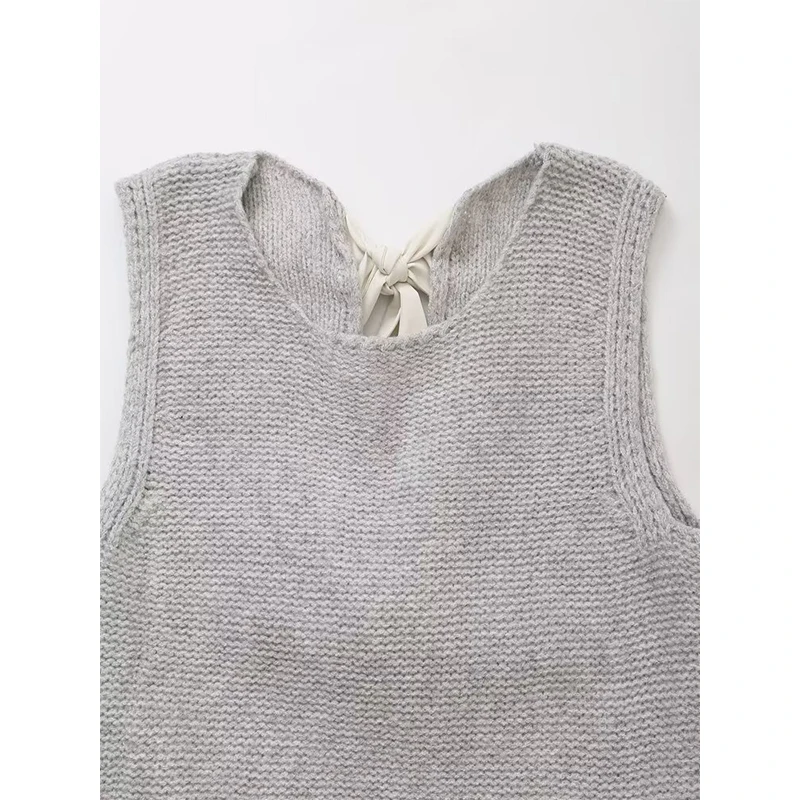 YENKYE  Autumn Women Black Gray Sweater Vest Back Sexy Hollow Out Bow Lace Up Sleeveless   Cardigan Female Chic Casual Crop Top