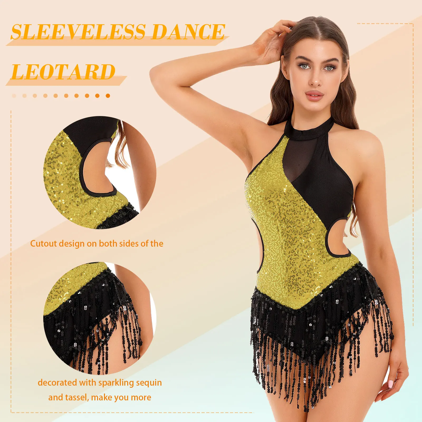 Dames Latin Dance Performance Kostuum Sprankelend Lovertje Color Block Patchwork Bodysuit Mouwloos Omzoomd Leotard Jazz Dance Wear