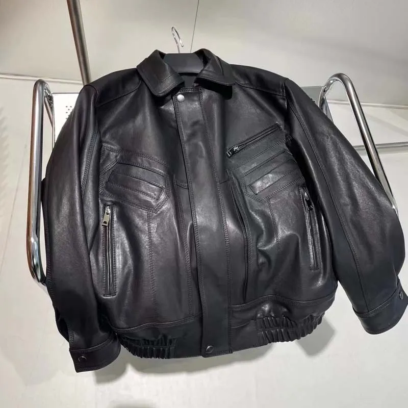 Veste de luxe en cuir véritable à manches longues pour femmes, manteau de haute qualité, poche, fermeture éclair, style décontracté, printemps, automne, nouveauté, 2025