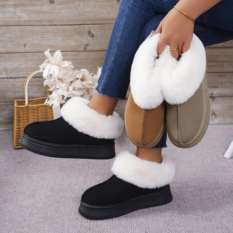 Faux Fur Women Snow Boots 2024 Winter Fashion Suede Thicked Plush Ankle Boots Woman Outdoor Non-Slip Warm Cotton-Padded Shoes