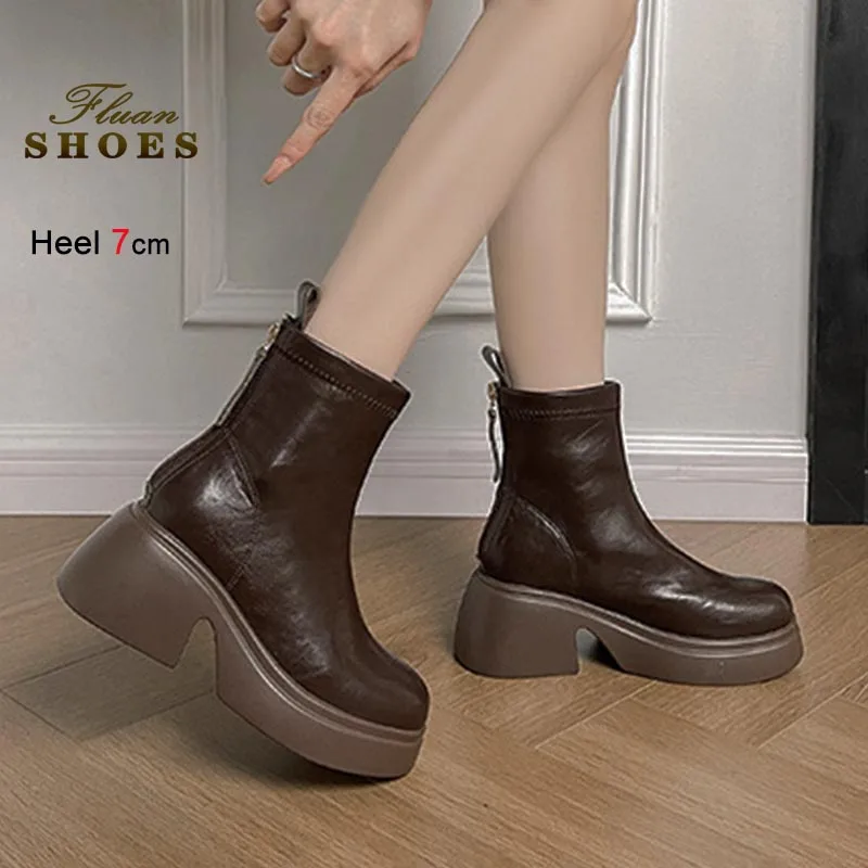 

Punk Boots Black Thick Soled Women's Short Boots Fashion Height Increase Rear Zipper Knight Boots Autumn Winter Warm Lady Shoes