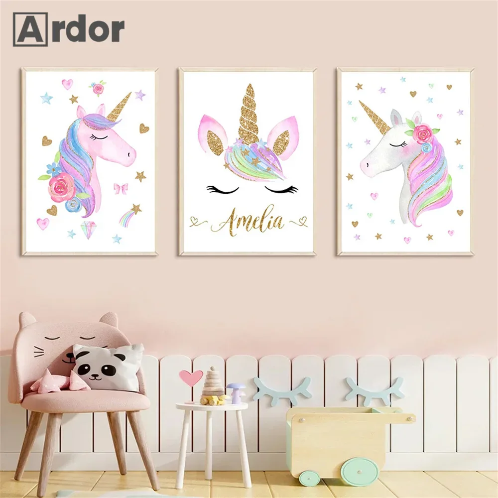 

Pink Cartoon Cute Unicorn Nursery Art Print Canvas Painting Custom Name Poster Nordic Wall Pictures Girl Kids Room Decoration