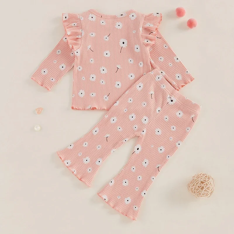 Kid Clothes Girls Pants Set Flower Print Long Sleeve Crew Neck T-shirt with Flare Pants Fall Autumn 2pcs Outfit