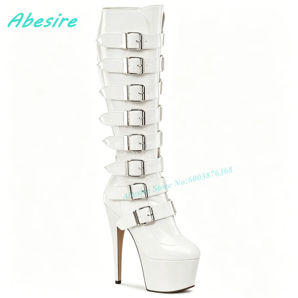 17Cm/7Inch Heel Knee High Boots Platform Multi-Buckle Lace‑Up Thin Heels Women's Boots Spicy Girls Nightclub Pole Dance Shoes