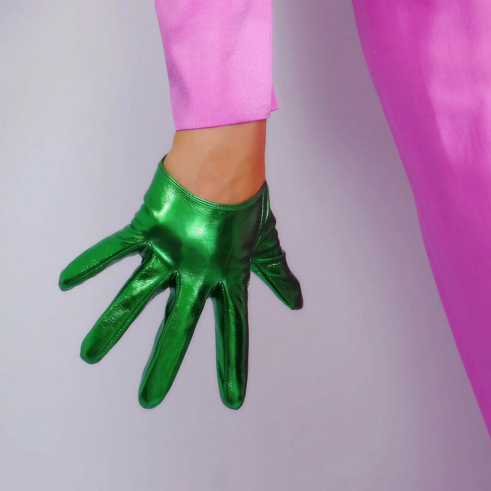 LATEX Half Palm GLOVES 13m EXTRA SHORT Faux Shine Patent Leather Electric Green Emerald Fashion Halloween Cosplay Custome Glove