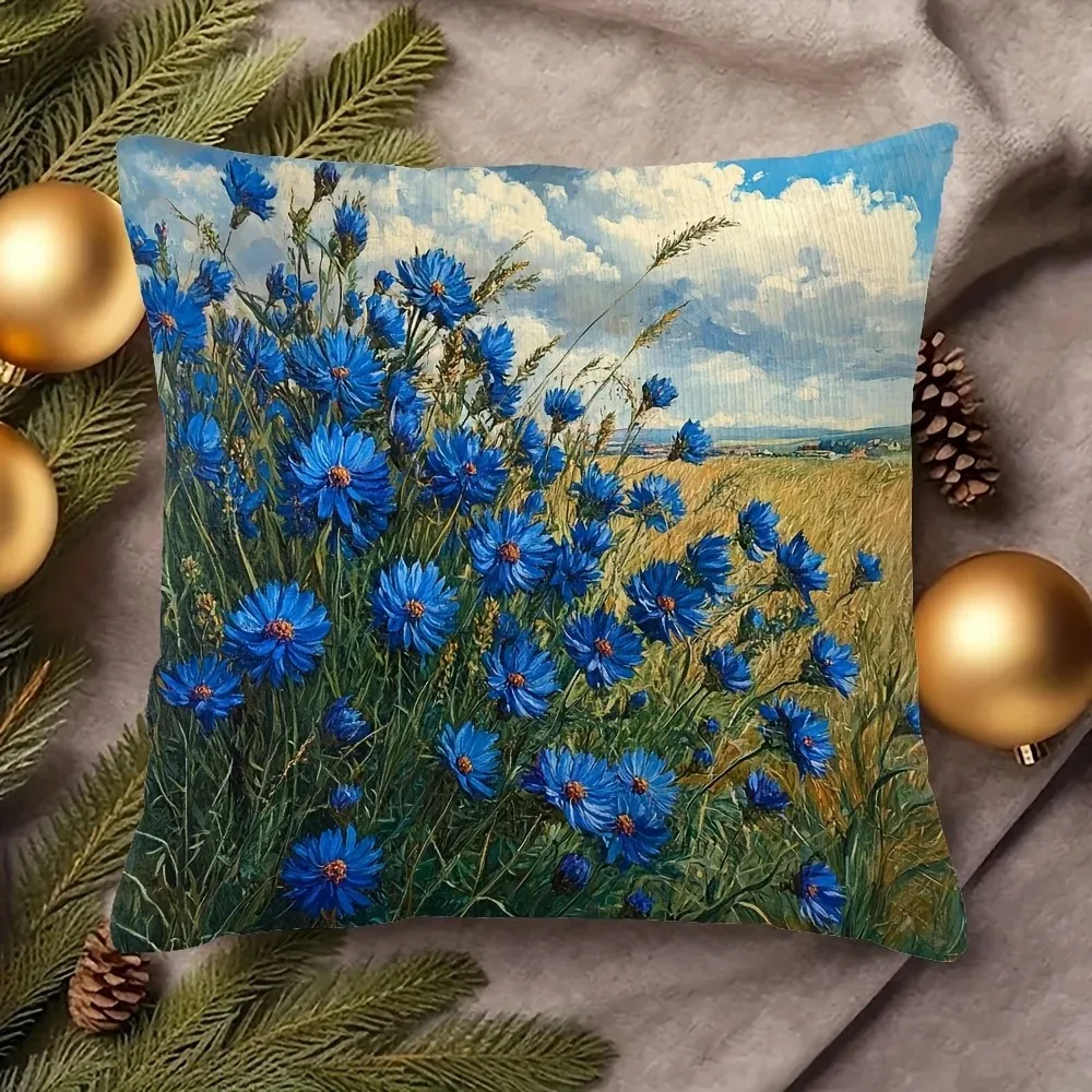 

Peach Skin Pillowcase 2D Flat Printed Blue Flower Cushion Cover Botanical Art Throw Pillow Case Aesthetic Decor For Bedroom Bed
