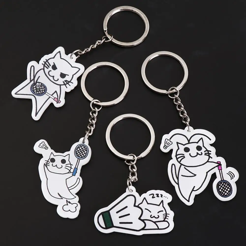 Anime Car Bag Keychain Cartoon Cat Play Badminton Cute Pendant Girly Items DIY Decoration Accessories Friend Gift
