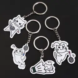 Anime Car Bag Keychain Cartoon Cat Play Badminton Cute Pendant Girly Items DIY Decoration Accessories Friend Gift