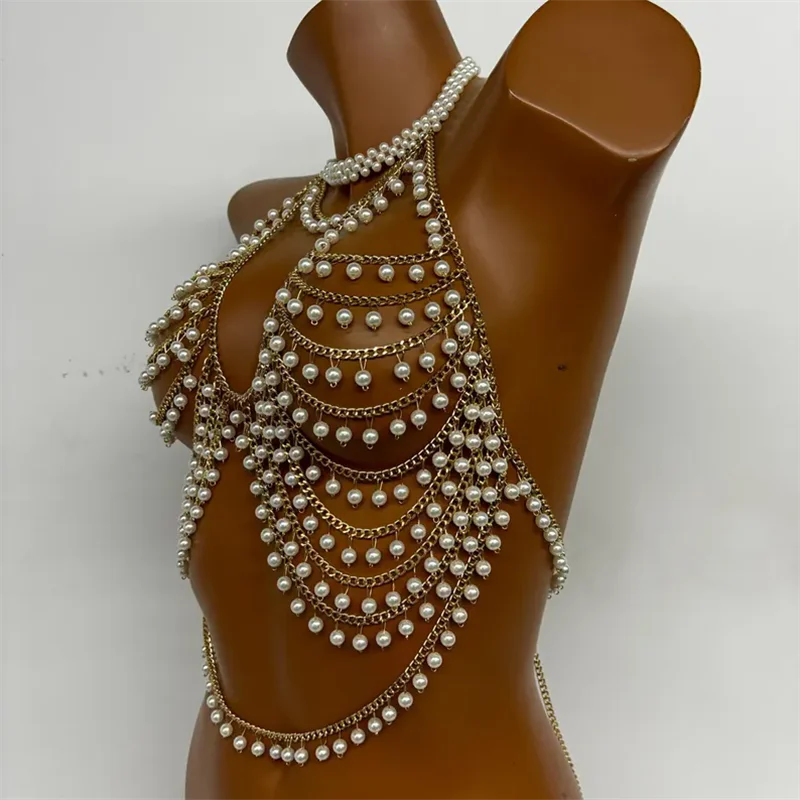 Damen Crop Top, mehrschichtige Perlenkette für den Körper, Neckholder, Perlen-Bralette mit Quasten, sexy, rückenfrei, für Nachtclub, Musikfestival, Rave-Party – Detail 8