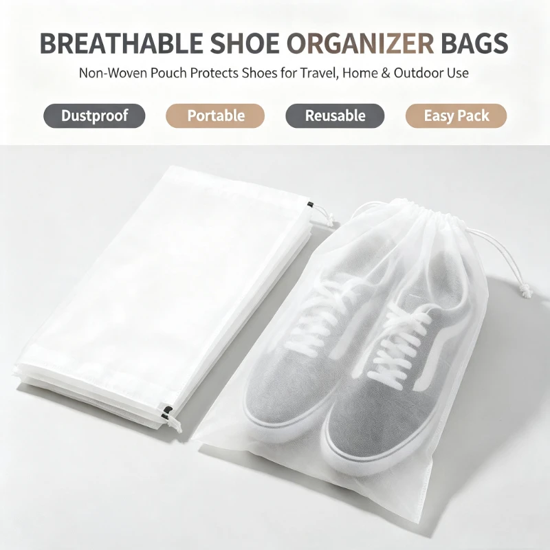 100Pcs Non-Woven Drawstring Shoe Storage Bags, Dustproof Portable Shoe Pouches for Travel Closet Home Clothes Organizer